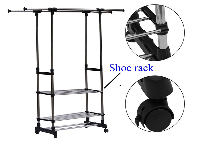 Adjustable Rolling Steel Clothes Hanger Organizer Garment Rack Heavy Duty Rail with Wheel Clothes Storage