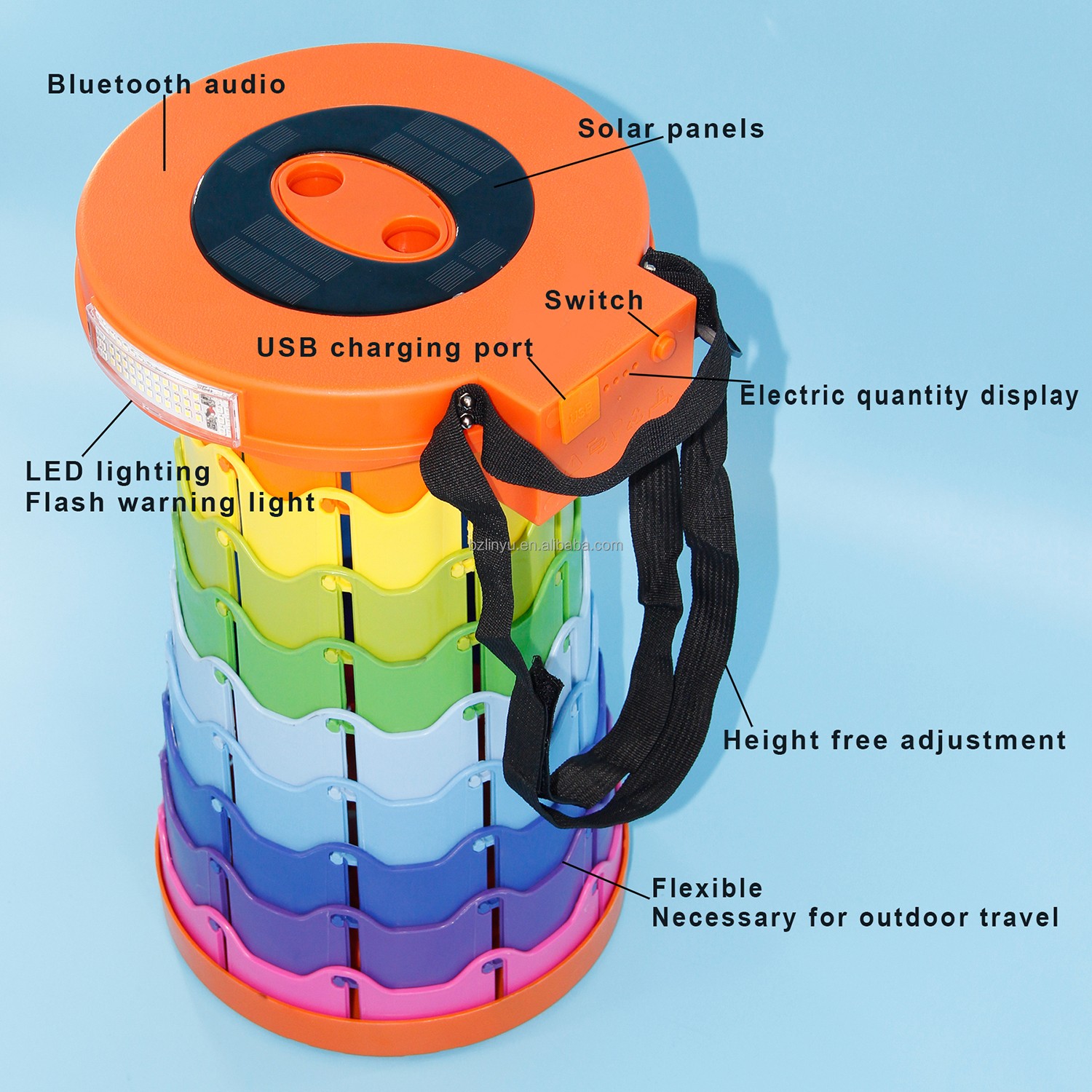 The portable rainbow stool can be directly charged by solar energy, and it also comes with a Bluetooth speaker!