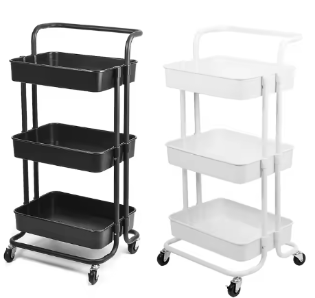 Modern Kitchen Storage Rack Trolley Metal Design Height Adjustable for Dinnerware and Cleaning Tools Three-tiered System
