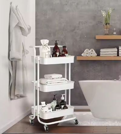 Modern Kitchen Storage Rack Trolley Metal Design Height Adjustable for Dinnerware and Cleaning Tools Three-tiered System