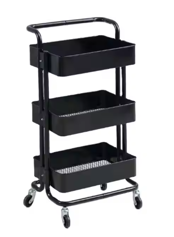 Modern Kitchen Storage Rack Trolley Metal Design Height Adjustable for Dinnerware and Cleaning Tools Three-tiered System