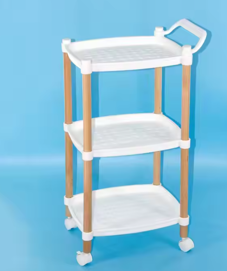 Modern Three-Tiered Plastic Kitchen Storage Cart with Adjustable Height Rollaway Trolley and Dinnerware Cleaning Tools Rack