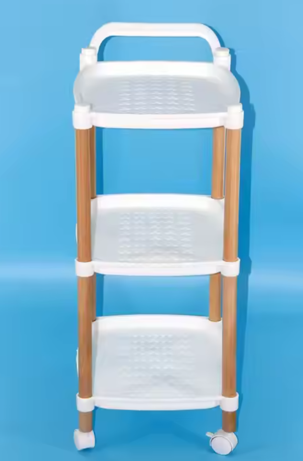 Modern Three-Tiered Plastic Kitchen Storage Cart with Adjustable Height Rollaway Trolley and Dinnerware Cleaning Tools Rack