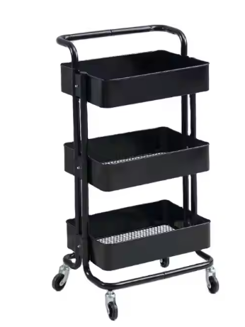 Sturdy Four-Wheel Rolling Kitchen Storage Rack Trolley Modern Three-Tier Metal Rack for Dinnerware Cleaning Tools and Basins