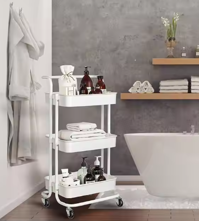 Sturdy Four-Wheel Rolling Kitchen Storage Rack Trolley Modern Three-Tier Metal Rack for Dinnerware Cleaning Tools and Basins