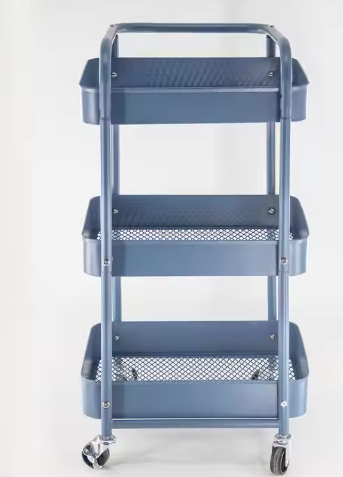 Sturdy Four-Wheel Rolling Kitchen Storage Rack Trolley Modern Three-Tier Metal Rack for Dinnerware Cleaning Tools and Basins