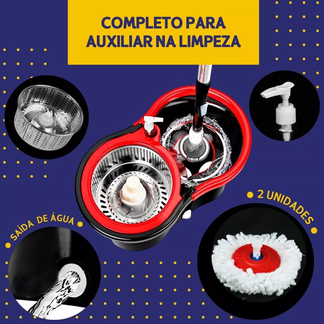 Mop Giratório Reforçado 2 Esfregões Balde Limpeza 360 Profis Preto Mop Giratório Reforçado 2 Esfregões Balde Limpeza 360 Profis Preto