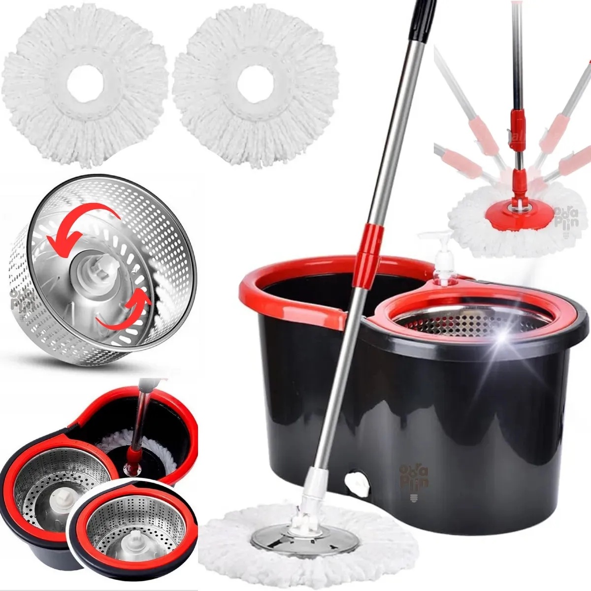 Mop Giratorio Cesto Em Inox Com Balde Centrífuga Limpeza Pesada Esfregao Giratorio Mope Profissional 14 Litros Marca Obraplin
