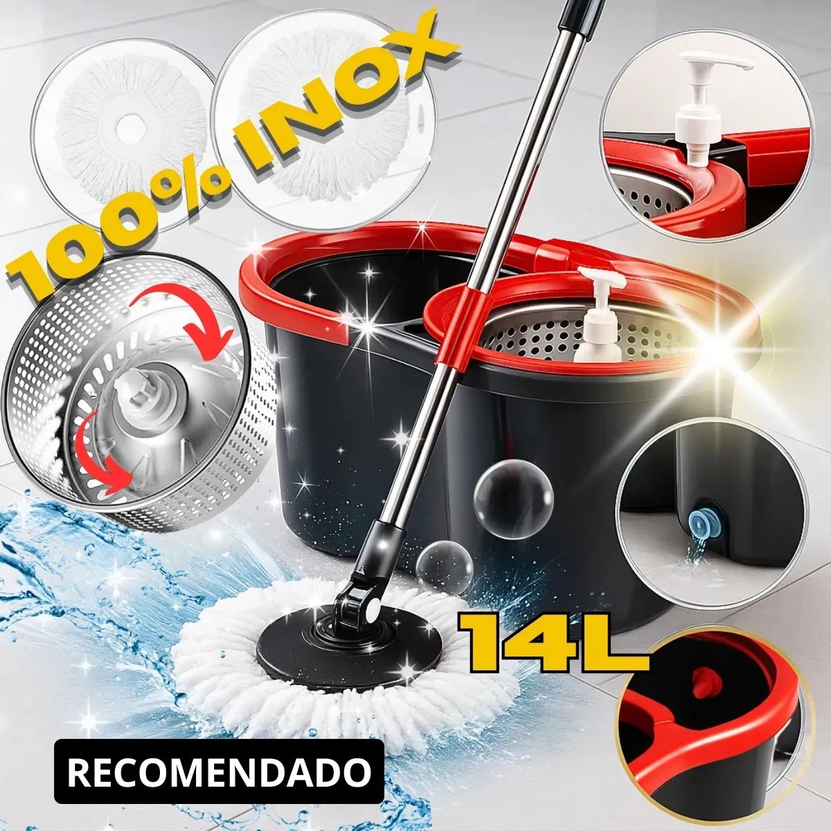Mop Giratorio Cesto Em Inox Com Balde Centrífuga Limpeza Pesada Esfregao Giratorio Mope Profissional 14 Litros Marca Obraplin Mop Giratorio Cesto Em Inox Com Balde Centrífuga Limpeza Pesada Esfregao Giratorio Mope Profissional 14 Litros Marca Obraplin