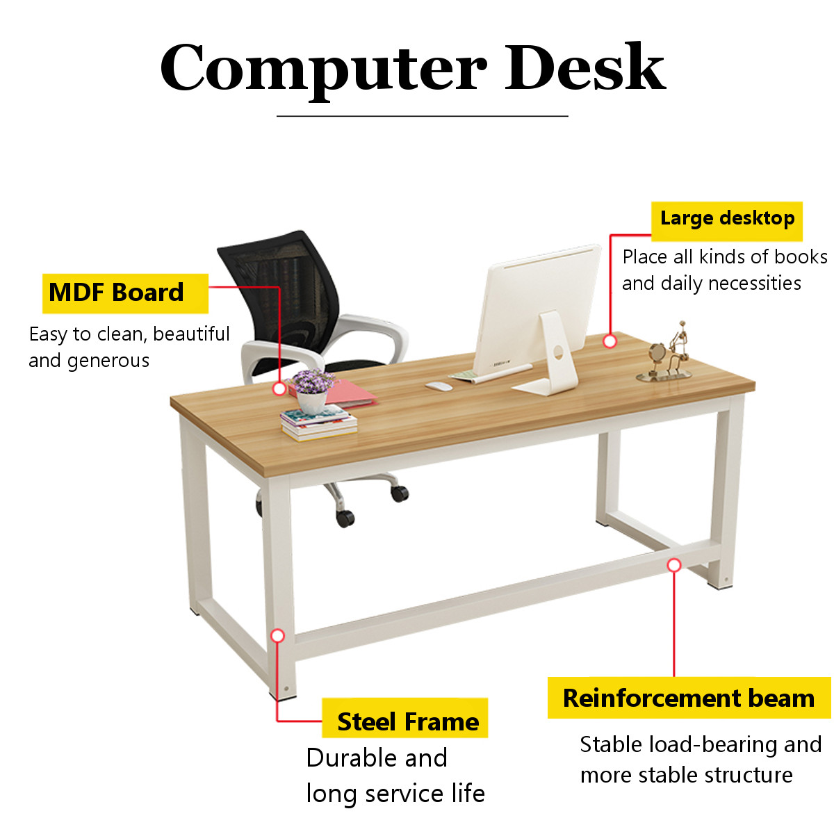 Computer Desk Study Writing Table for Home Office Modern Simple Style with Sturdy Metal Frame