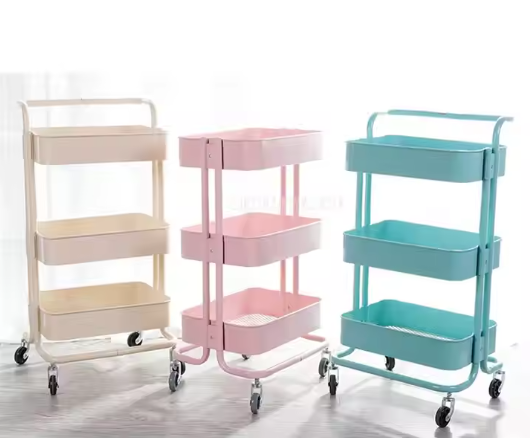 Modern Kitchen Storage Rack Trolley Metal Design Height Adjustable for Dinnerware and Cleaning Tools Three-tiered System