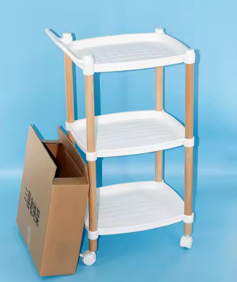 Modern Three-Tiered Plastic Kitchen Storage Cart with Adjustable Height Rollaway Trolley and Dinnerware Cleaning Tools Rack