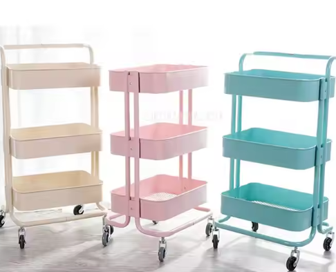 Sturdy Four-Wheel Rolling Kitchen Storage Rack Trolley Modern Three-Tier Metal Rack for Dinnerware Cleaning Tools and Basins