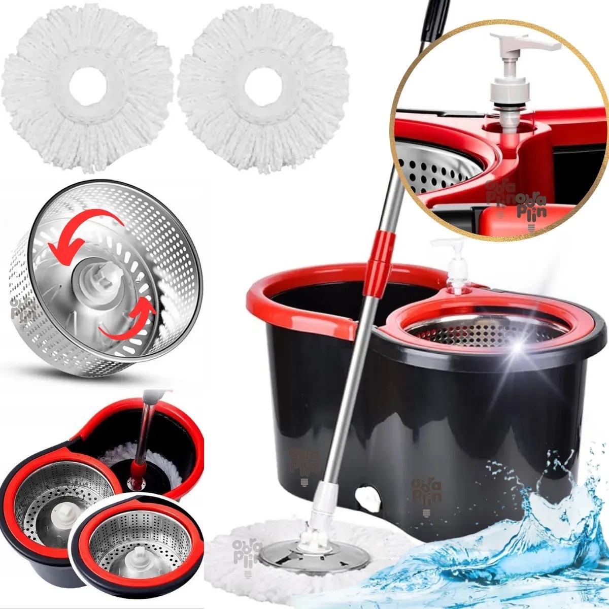 Mop Giratorio Cesto Em Inox Com Balde Centrífuga Limpeza Pesada Esfregao Giratorio Mope Profissional 14 Litros Marca Obraplin