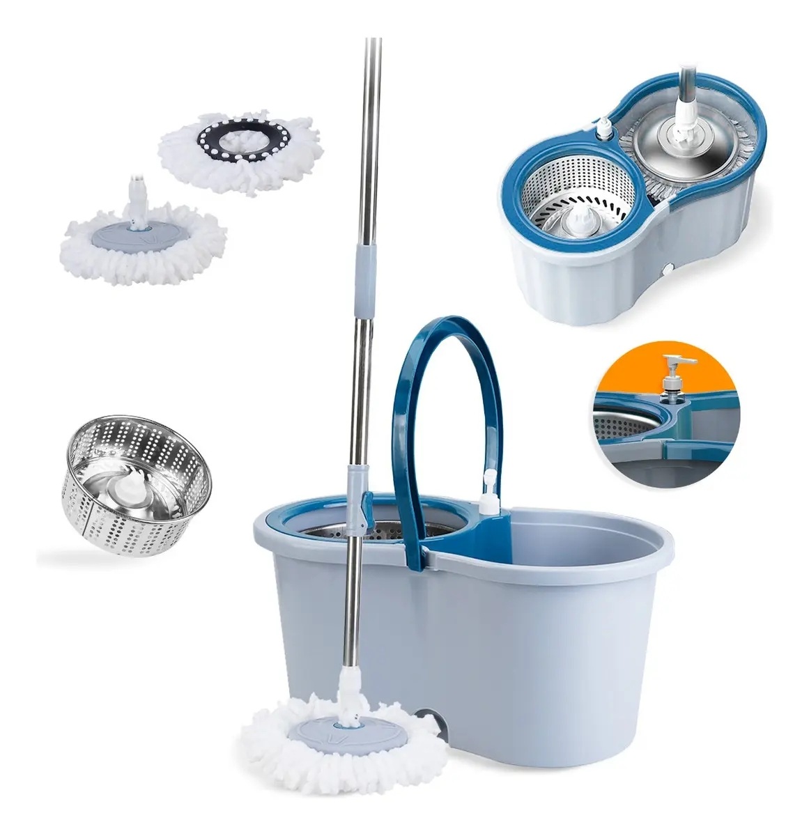 Mop Giratório Com Cesto Em Inox C/2 Refil E Para Sabão Cor Azul